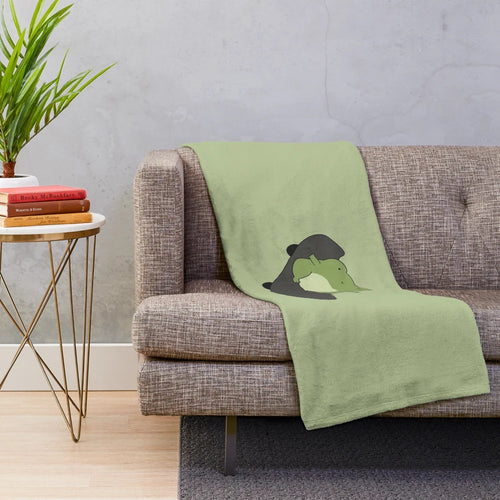 Chubby skateboarding frog plush blanket with a kawaii cottagecore aesthetic