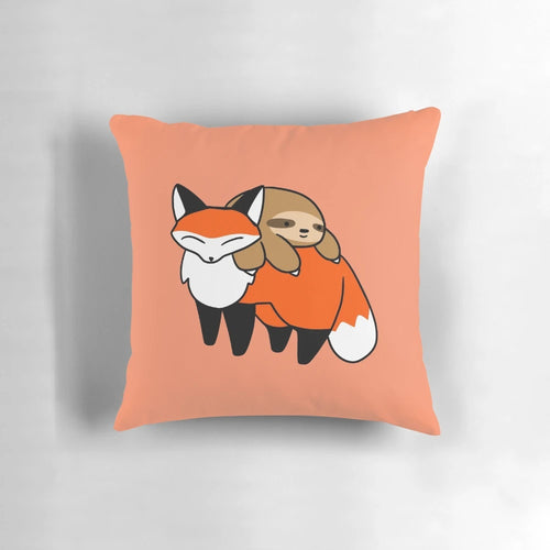 Cute and cuddly cartoon sloth and fox design on a soft, plush pillow