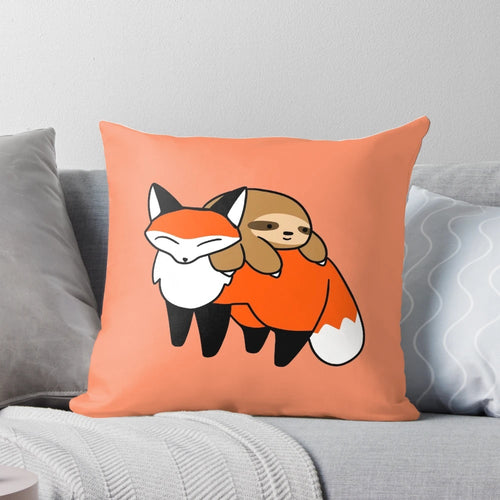 Cute and cuddly cartoon sloth and fox design on a soft, plush pillow