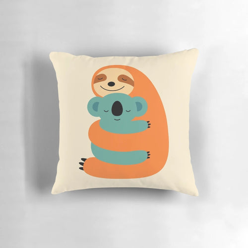Colorful sloth and koala plush pillow with a heart design