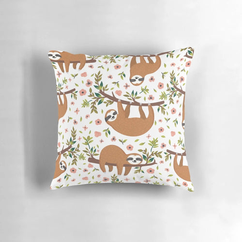 A plush, kawaii-style pillow featuring a cuddly sloth design in shades of gray and brown with a cute, chibi-inspired expression.