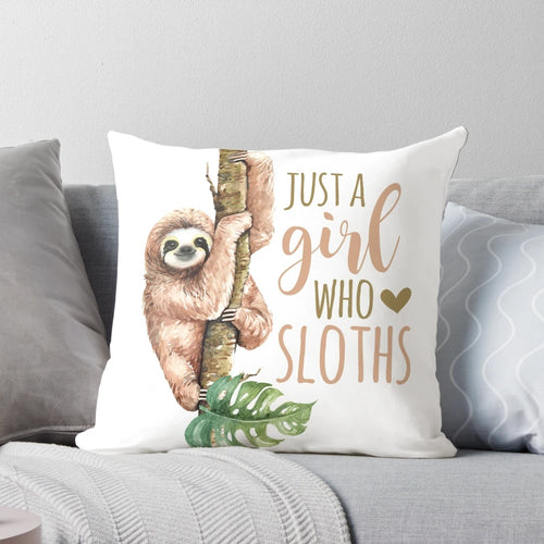 Watercolor illustration of a cute sloth on a decorative throw pillow