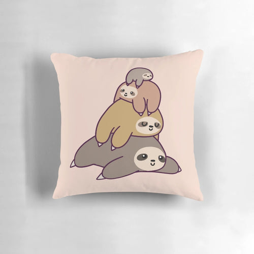 Charming illustration of a stack of cute, cartoon-style sloths in a pillow design.