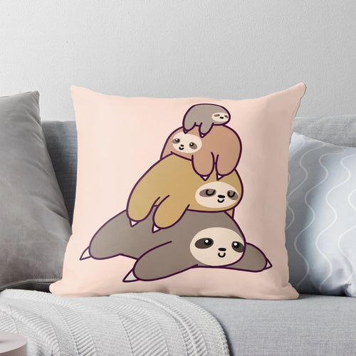 Charming illustration of a stack of cute, cartoon-style sloths in a pillow design.