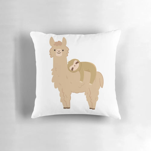 Soft, plush pillow featuring an adorable sloth relaxing peacefully on a llama.