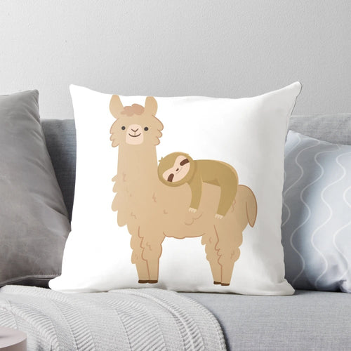 Soft, plush pillow featuring an adorable sloth relaxing peacefully on a llama.