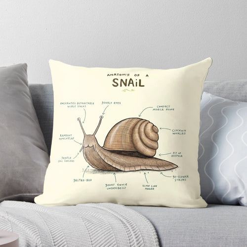 Soft, plush pillow featuring a detailed illustration of a snail's anatomy