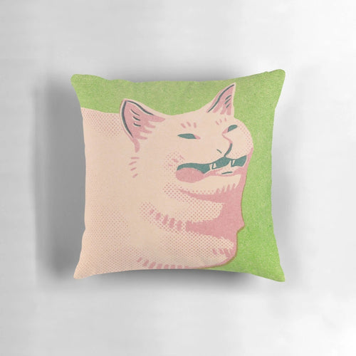 Soft, plush pillow featuring a humorous image of a cat sneezing, perfect for cat enthusiasts and meme fans.