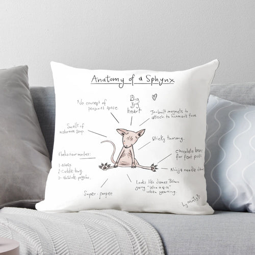 Decorative pillow featuring an illustration of a cute sphynx cat