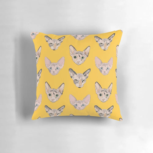 Sphynx cat throw pillow with pink and yellow accents