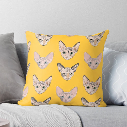 Sphynx cat throw pillow with pink and yellow accents