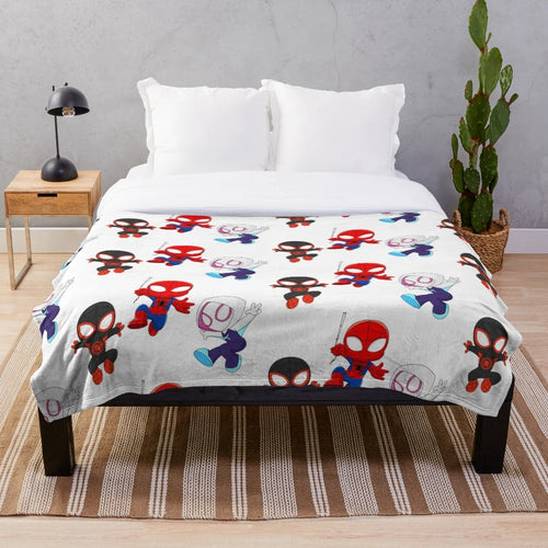 Plush blanket featuring a variety of spider-themed designs, including black spidey and cute cartoon spiders