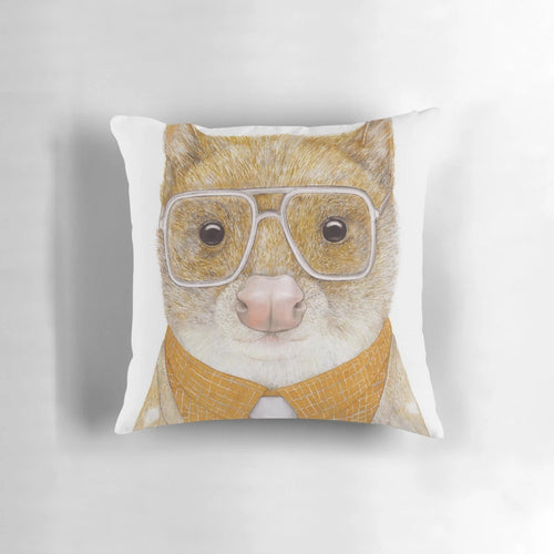 Spotted quoll, a cute Australian marsupial, featured on a cozy nursery pillow in burnt sienna tones.