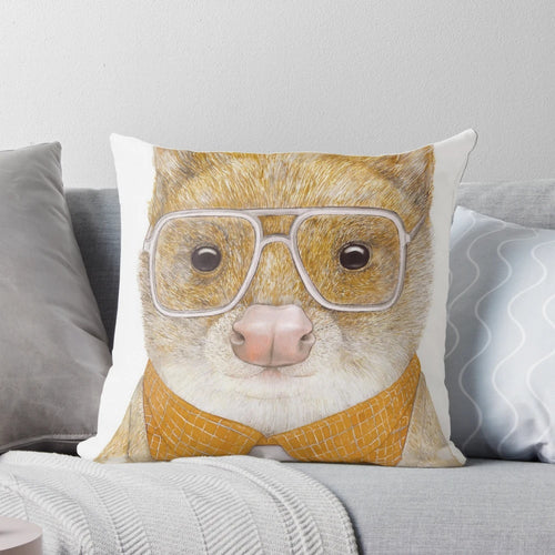 Spotted quoll, a cute Australian marsupial, featured on a cozy nursery pillow in burnt sienna tones.