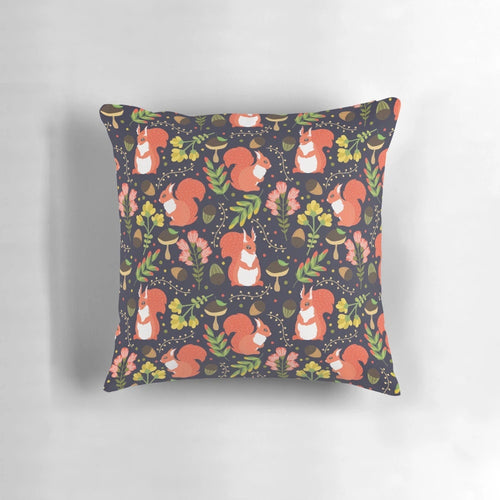 Whimsical illustration of a cute, cartoon-style squirrel on a decorative pillow