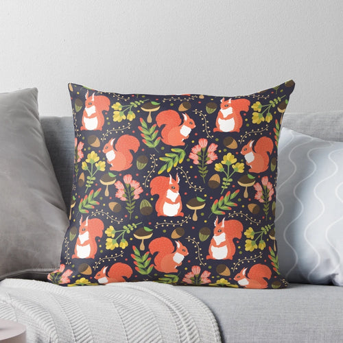 Whimsical illustration of a cute, cartoon-style squirrel on a decorative pillow