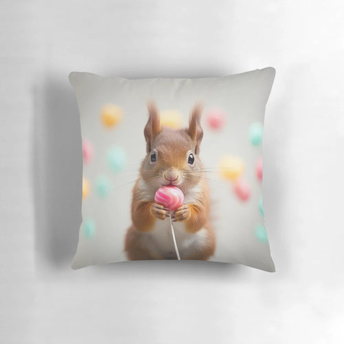 Soft, plush pillow featuring a whimsical illustration of a squirrel holding a lollipop