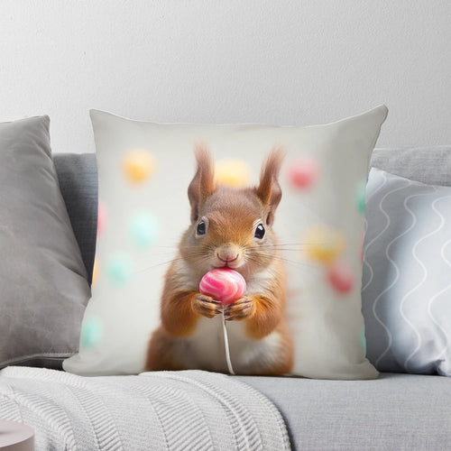 Soft, plush pillow featuring a whimsical illustration of a squirrel holding a lollipop