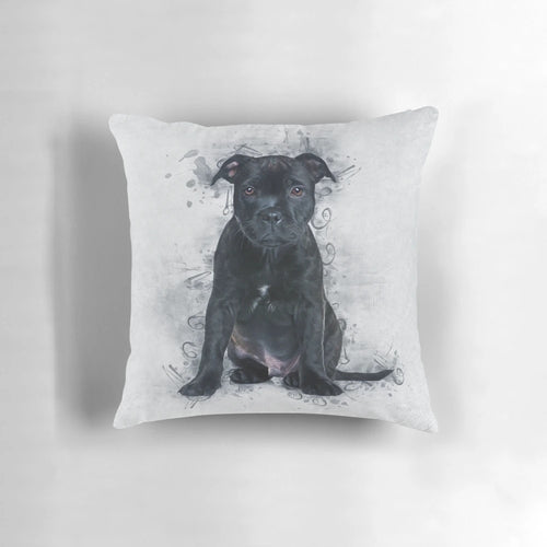 Soft and cuddly Staffordshire Bull Terrier dog breed portrait on a pillow