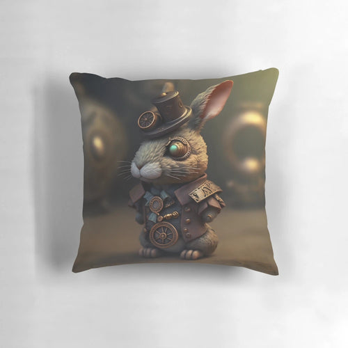 Steampunk-inspired rabbit pillow with mechanical details and goggles