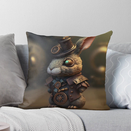 Steampunk-inspired rabbit pillow with mechanical details and goggles