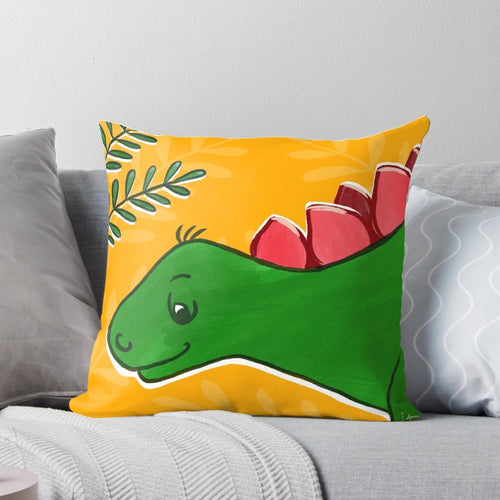 A soft, cuddly pillow in the shape of a stegosaurus dinosaur, perfect for children.