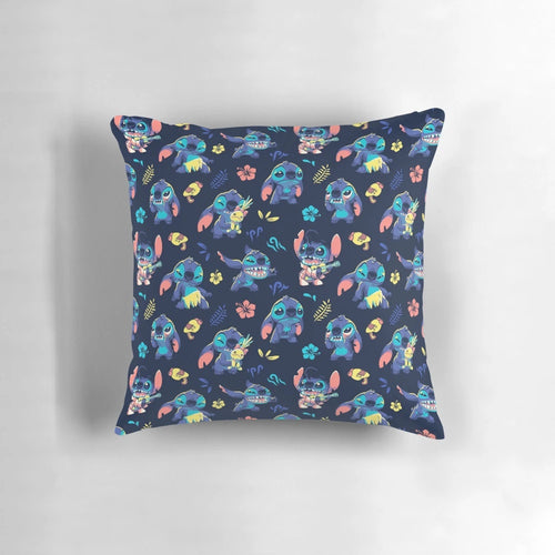 Decorative throw pillow with a cute stitch pattern design featuring 90s cartoon alien characters, Hawaii themes, and the Ohana concept.