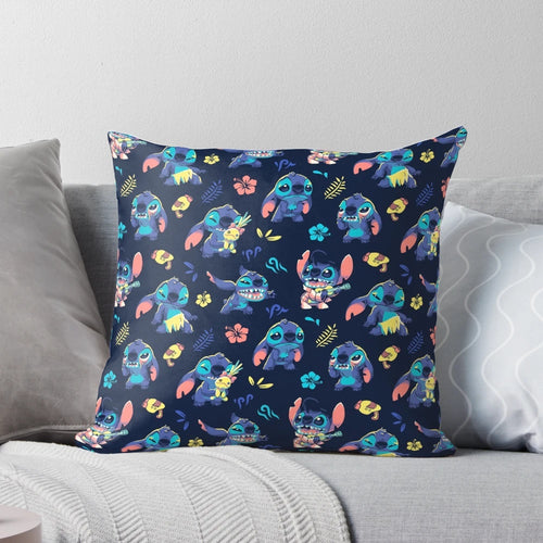 Decorative throw pillow with a cute stitch pattern design featuring 90s cartoon alien characters, Hawaii themes, and the Ohana concept.