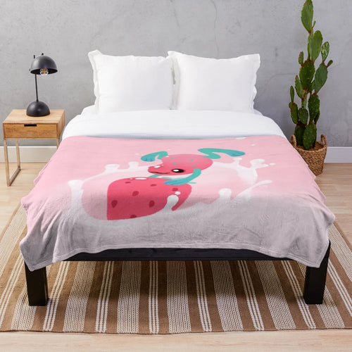 Soft and cuddly strawberry-themed plush blanket featuring a cute tropical frog design