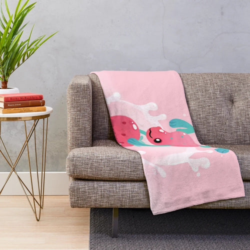 Soft and cuddly strawberry-themed plush blanket featuring a cute tropical frog design