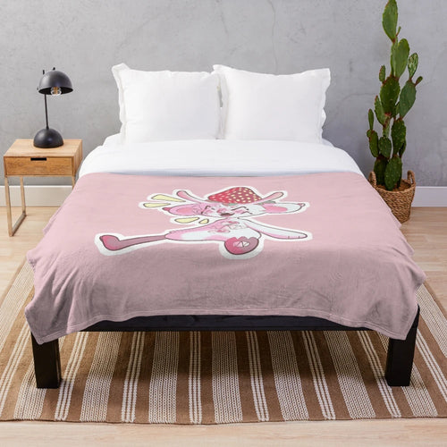 Soft and cuddly strawberry plush blanket with a kawaii cartoon design