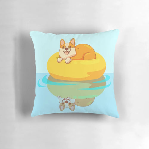 Digital art image of a happy corgi dog floating in a swimming pool on a summer day