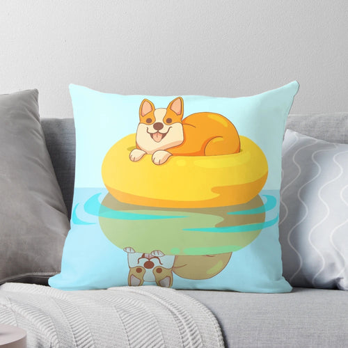 Digital art image of a happy corgi dog floating in a swimming pool on a summer day