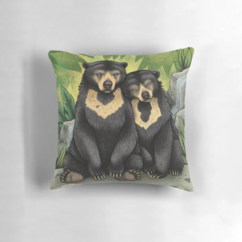 Soft, plush pillow featuring an adorable sun bear couple in natural wildlife setting