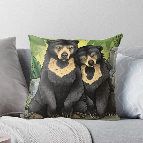 Soft, plush pillow featuring an adorable sun bear couple in natural wildlife setting