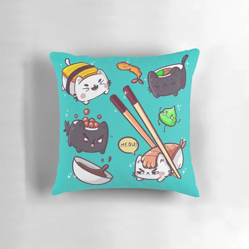 Soft, plush pillow featuring a playful sushi cat design, perfect for cat enthusiasts.