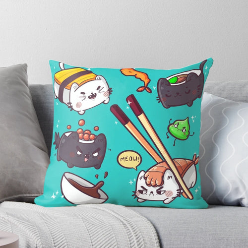 Soft, plush pillow featuring a playful sushi cat design, perfect for cat enthusiasts.