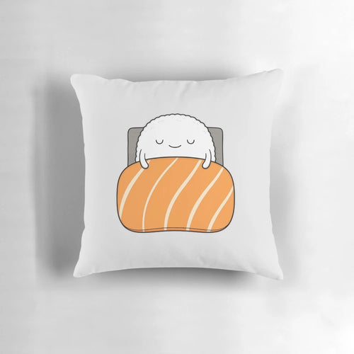 Sleepy sushi-themed bed pillow with cute rice ball, seaweed, and nigiri faces