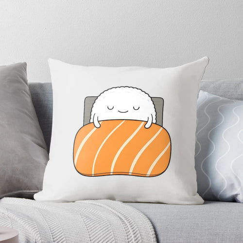Sleepy sushi-themed bed pillow with cute rice ball, seaweed, and nigiri faces