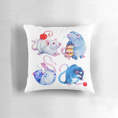 A vibrant, watercolor-style image of sweet rats printed on a soft, colorful pillow.