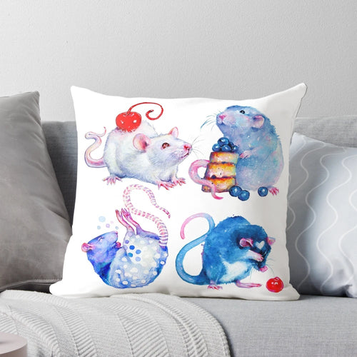 A vibrant, watercolor-style image of sweet rats printed on a soft, colorful pillow.