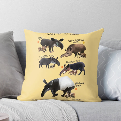 Colorful illustration of a cute, cartoon-style tapir on a throw pillow