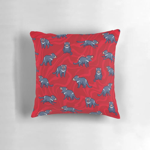 Cozy Tasmanian Devil throw pillow featuring a cute, colorful pattern of the iconic Australian marsupial