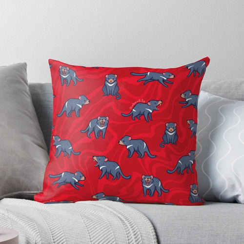 Cozy Tasmanian Devil throw pillow featuring a cute, colorful pattern of the iconic Australian marsupial