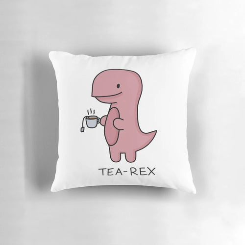 Colorful illustration of a T-Rex dinosaur holding a cup of tea on a decorative throw pillow