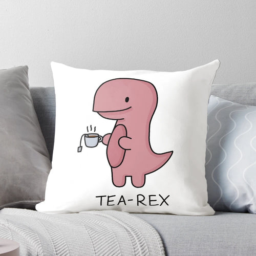 Colorful illustration of a T-Rex dinosaur holding a cup of tea on a decorative throw pillow