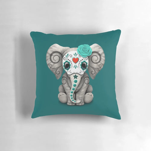 Teal blue day of the dead sugar skull baby elephant pillow with cute and adorable elephant decor