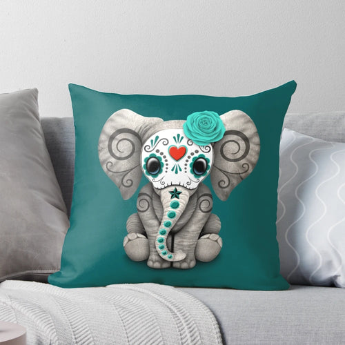 Teal blue day of the dead sugar skull baby elephant pillow with cute and adorable elephant decor