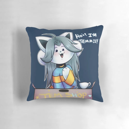 A fluffy, white pillow featuring the iconic Temmie character from the game Undertale.