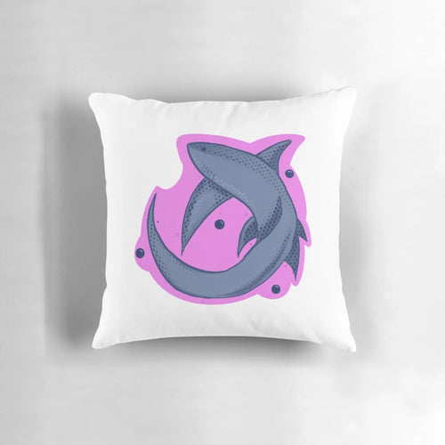 Thresher shark-themed plush pillow in pink, blue, and grey colors